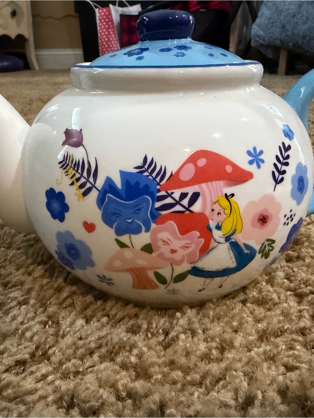 Disney Ceramic Alice in Wonderland Teapot - Blue, Pink, Red Accents